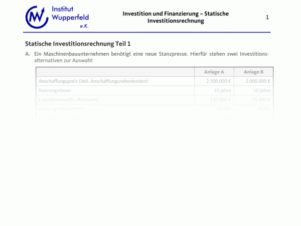 Übungsaufgabe Statische Investitionsrechnung Teil 1