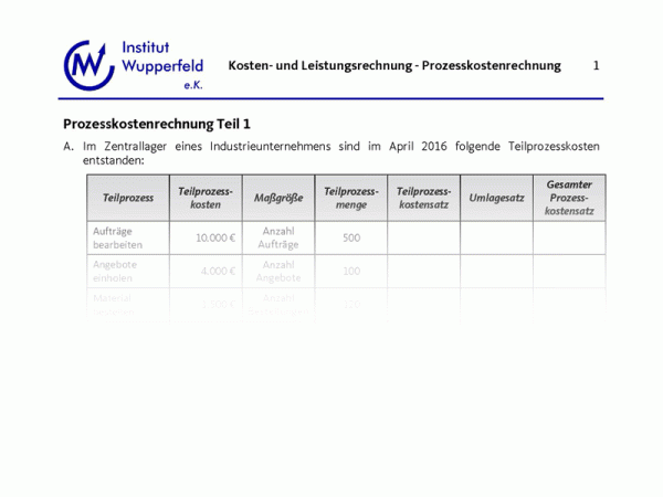 Übungsaufgabe Prozesskostenrechnung Teil 1